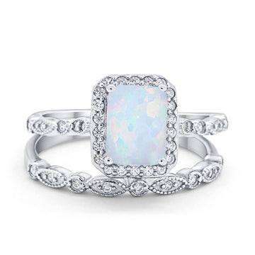 Two Piece Emerald Cut Bridal Set Engagement Wedding Ring Band Lab Created White Opal 925 Sterling Silver